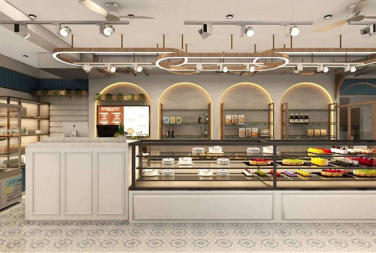 Hand-crafted cakes and pastries on a bakery counter